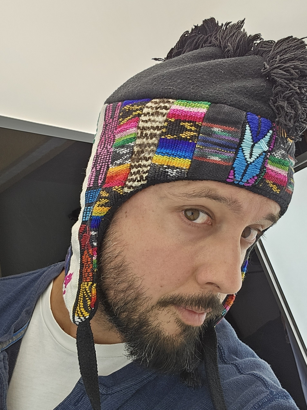 Black Earflap Beanie with Colorful Woven Band Made In USA